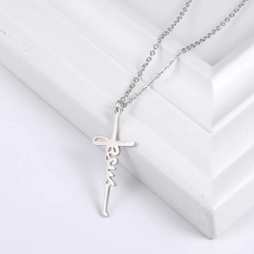 Skyrim Jesus Cross Pendant Necklace for Women Men Stainless Steel Neck Chains Religious Christian Savior Faith Jewelry Gifts