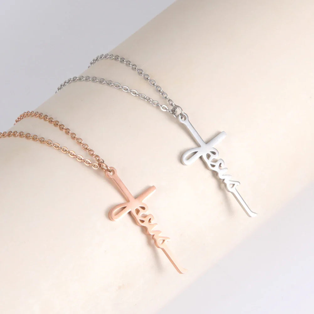 Skyrim Jesus Cross Pendant Necklace for Women Men Stainless Steel Neck Chains Religious Christian Savior Faith Jewelry Gifts