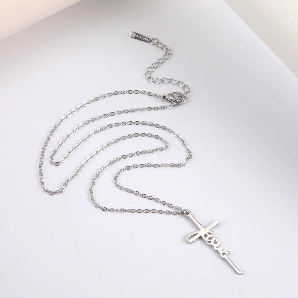 Skyrim Jesus Cross Pendant Necklace for Women Men Stainless Steel Neck Chains Religious Christian Savior Faith Jewelry Gifts