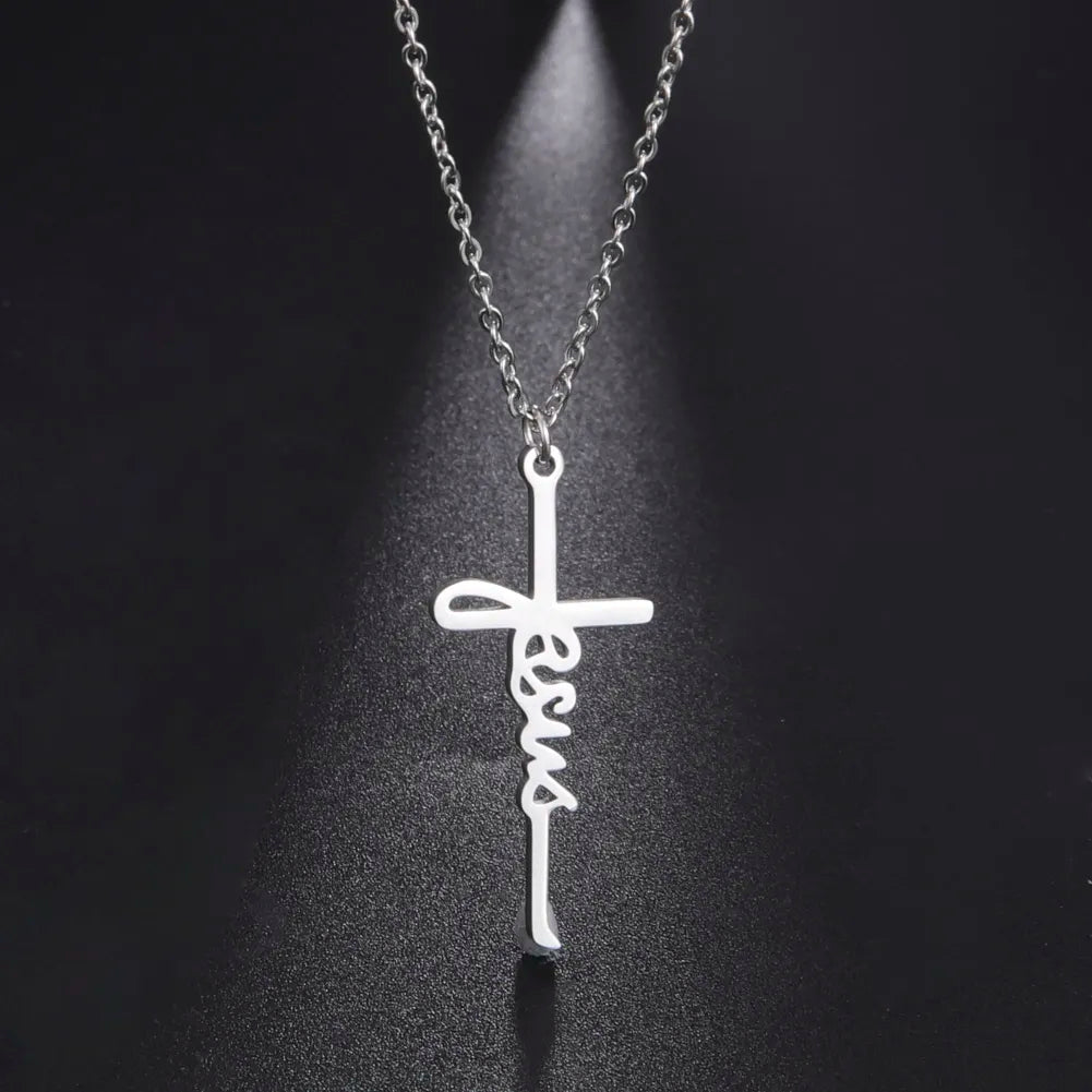 Skyrim Jesus Cross Pendant Necklace for Women Men Stainless Steel Neck Chains Religious Christian Savior Faith Jewelry Gifts