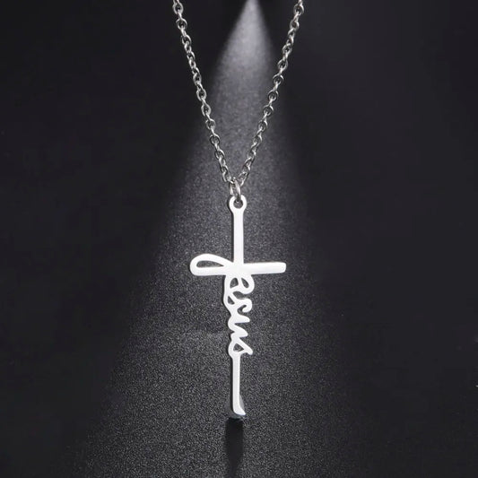 Skyrim Jesus Cross Pendant Necklace for Women Men Stainless Steel Neck Chains Religious Christian Savior Faith Jewelry Gifts